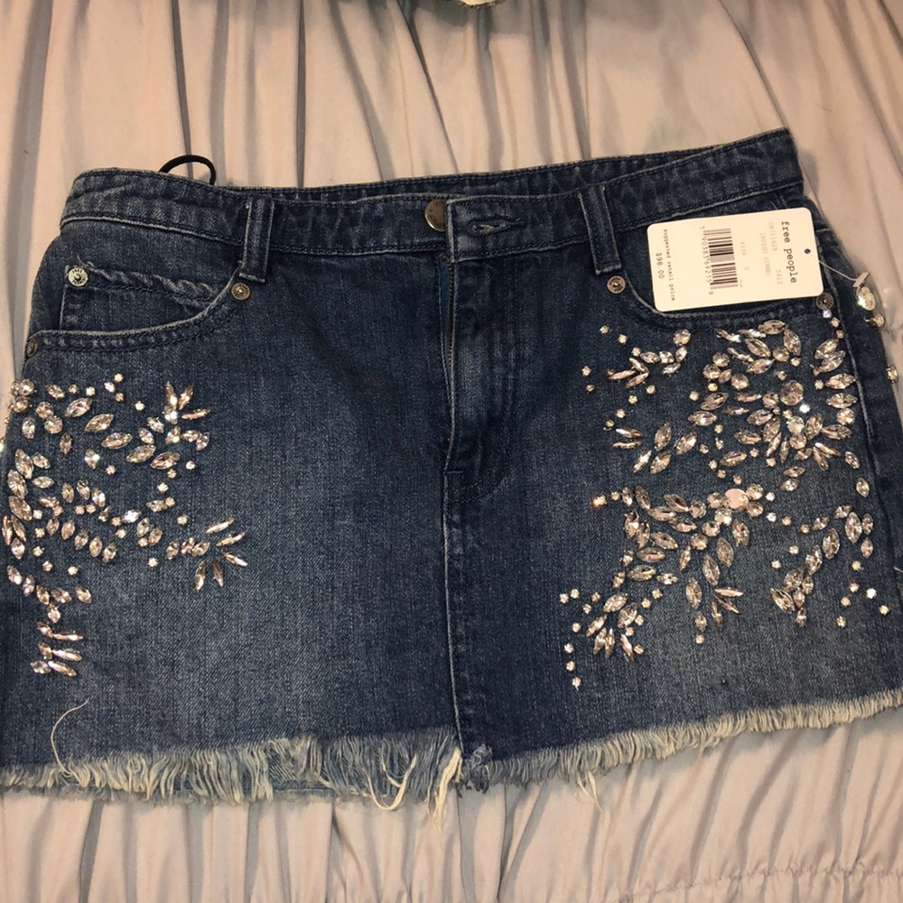 Free People Denim Embroidered Skirt